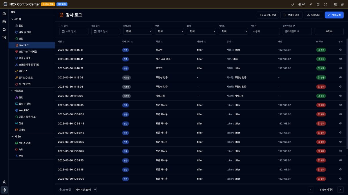 NOX 감사 로그 — 로그인·세션 종료·무결성 검증 기록이 카테고리·사용자·IP·성공 여부와 함께 나열된 화면
