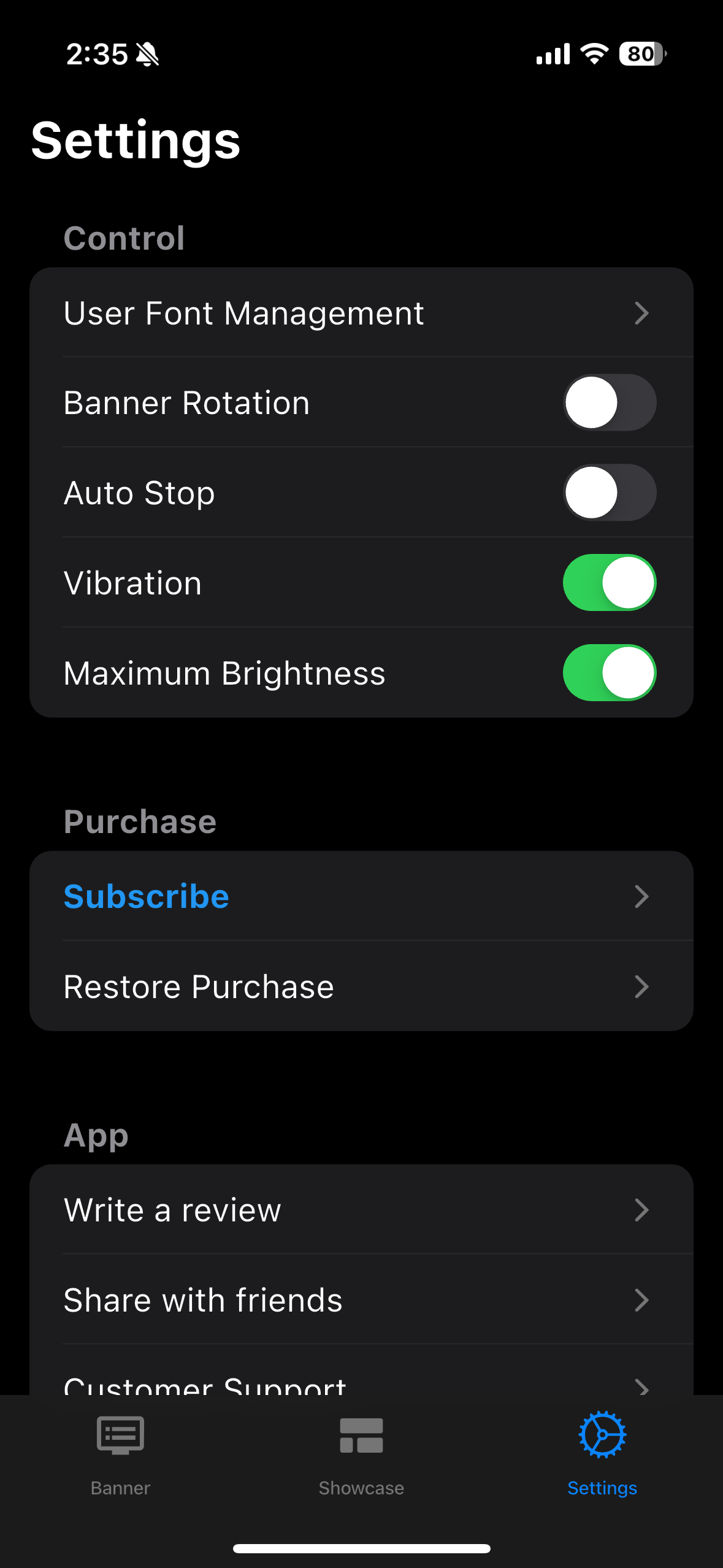 Settings Tab interface showing various app configuration options