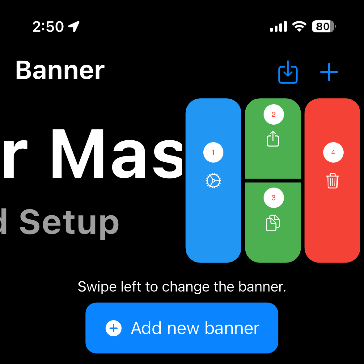 Banner swipe menu showing settings, export, duplicate, and delete options