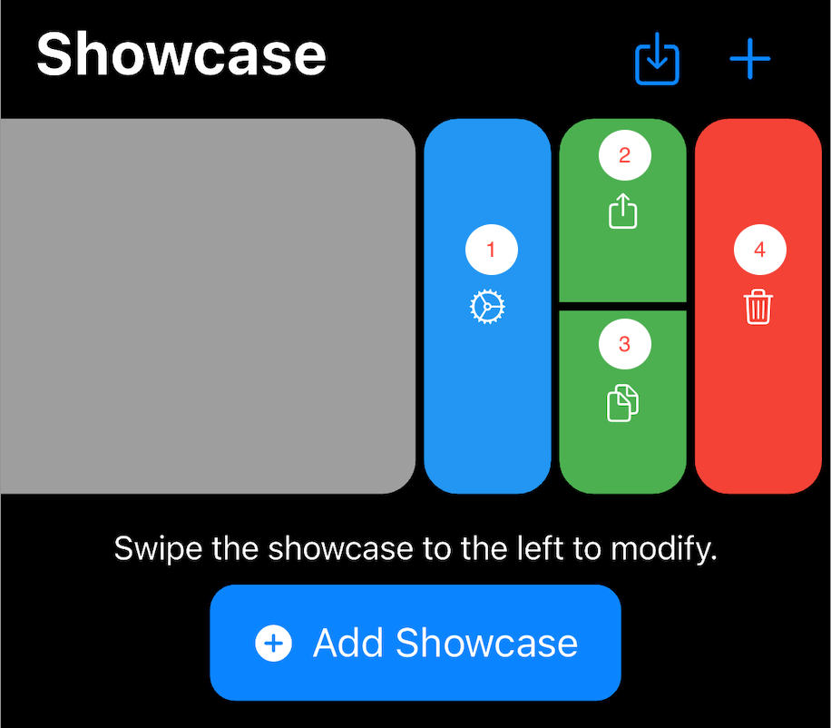 Showcase swipe menu showing settings, export, duplicate, and delete options