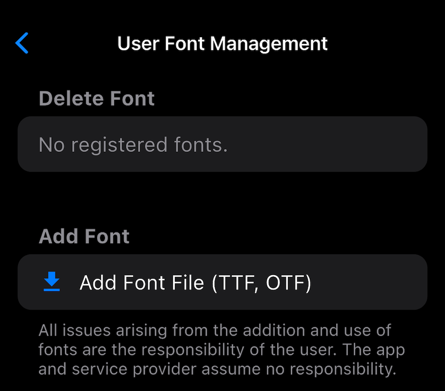 Font management interface showing custom font options